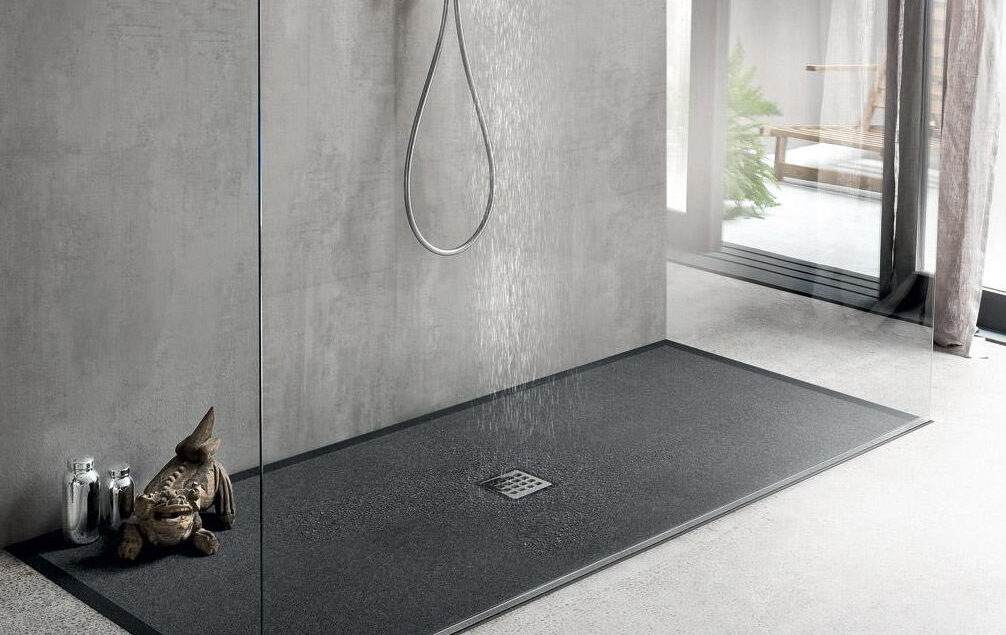 Rectangular shower base / composite / with extra-flat drain / flush